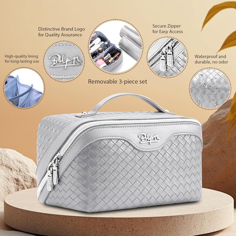 BOYATU Travel Makeup Bag Cosmetic Bags for Women: Large Capacity 3 Pcs Set Make up Bag with Compartments - Waterproof Vegan Leather Toiletry Organizer Bags with Handle (L34 Silver) - Image 2